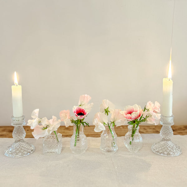 Set of 4 Tiny Pressed Glass Vases 8cm - Wedding Centrepieces / Wedding Vases