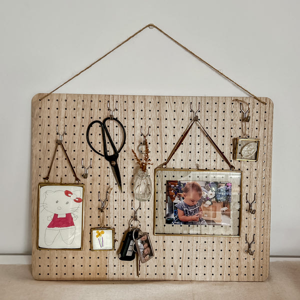 Wooden Pegboard Notice Board with 10 Hooks