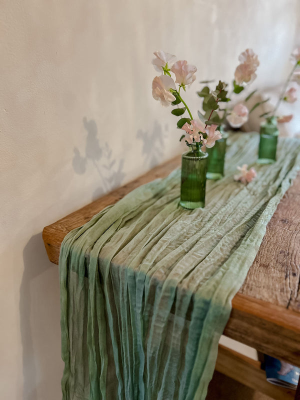 Sage Green Crinkled Cheesecloth Wedding Table Runner 3m