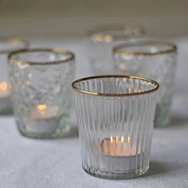 Ribbed Clear Glass Tea Light Holder with Gold Rim