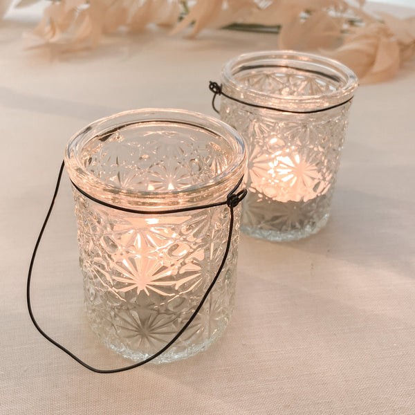 Textured Pressed Glass Tea Light Holders with Wire Hanger - Set of 2