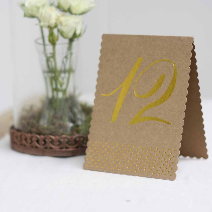 Rustic Glamour Table Numbers – Brown Kraft With Gold Foil Polka Dots (Set of 12) - The Wedding of My Dreams