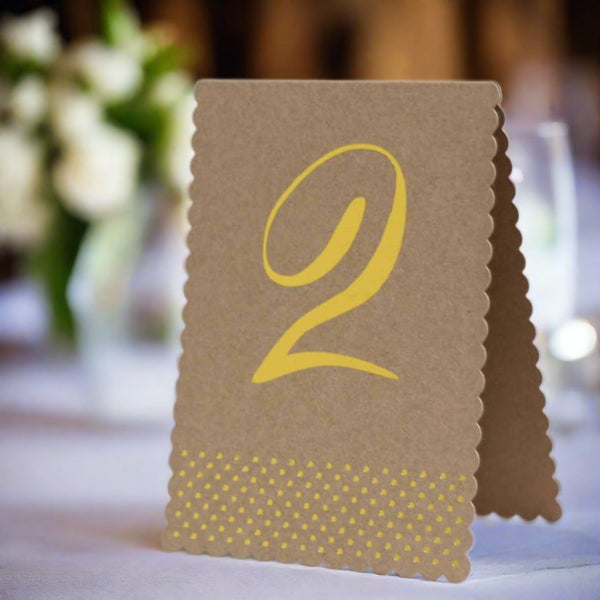 Rustic Glamour Table Numbers – Brown Kraft With Gold Foil Polka Dots (Set of 12) - The Wedding of My Dreams