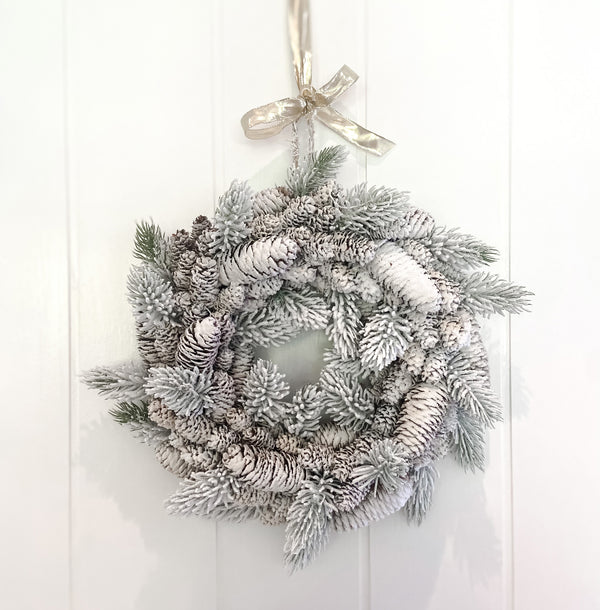 Snow Covered Christmas Door Wreath with Pine Cones 40cm