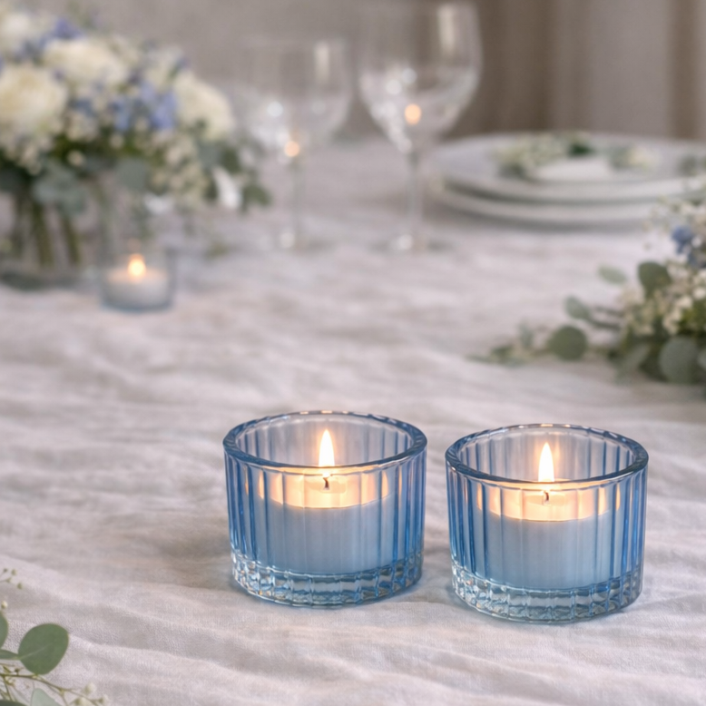 Light Blue Ribbed Tea Light Holder