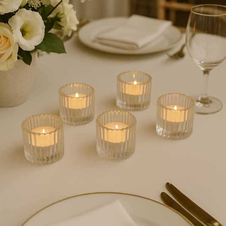 Decorative table setting with candles, flowers, and cutlery on a white tablecloth.