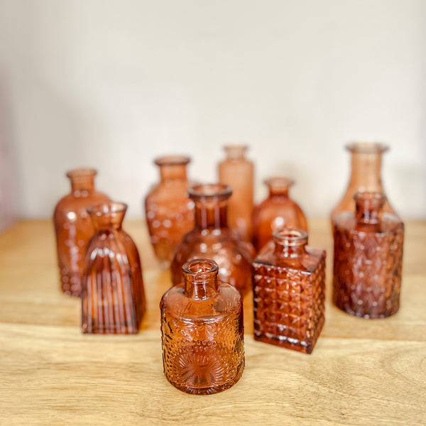 Set Of 10 Assorted Amber Glass Bottle Vases - Wedding Vases