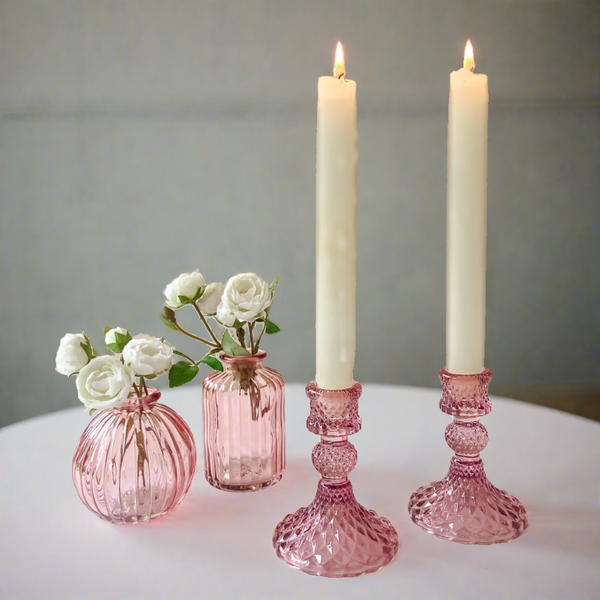 Coloured Pressed Glass Candlesticks - Pink