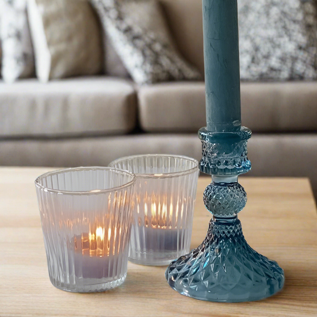 Coloured Pressed Glass Candlesticks - Blue candle holder - The Wedding of My Dreams