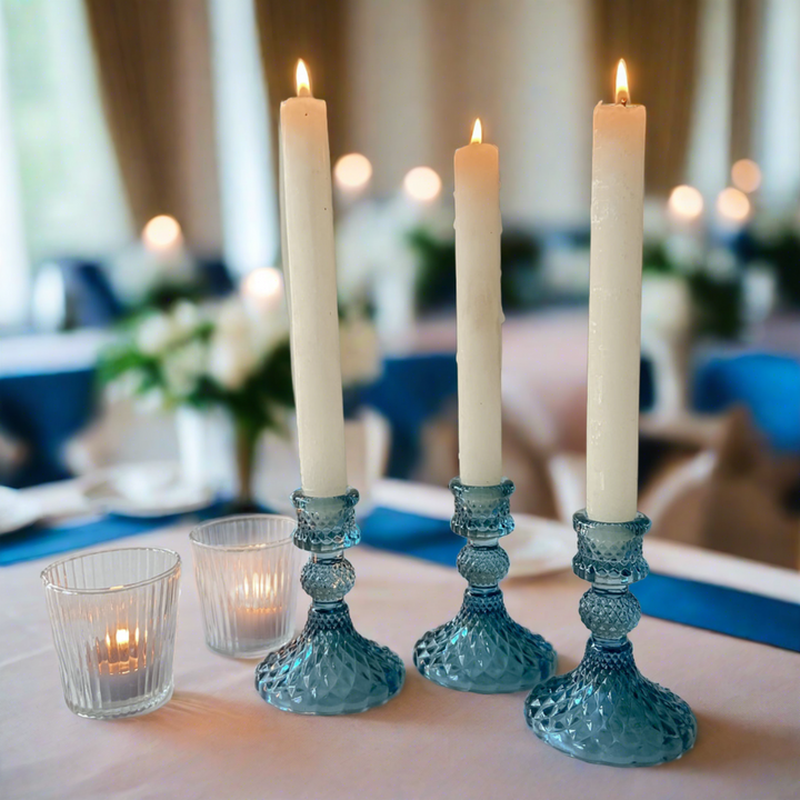 Coloured Pressed Glass Candlesticks - Blue candle holder - The Wedding of My Dreams