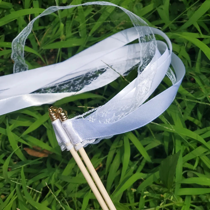 white wedding ribbon wands for ceremony  exit, flower girls, uk wedding decorations