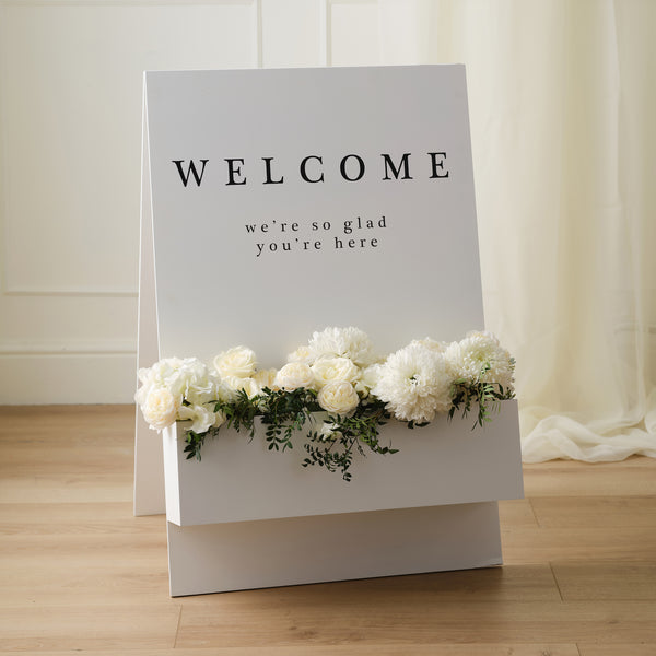 White Wooden Welcome Sign with Flower Box  - Customise with Your Names