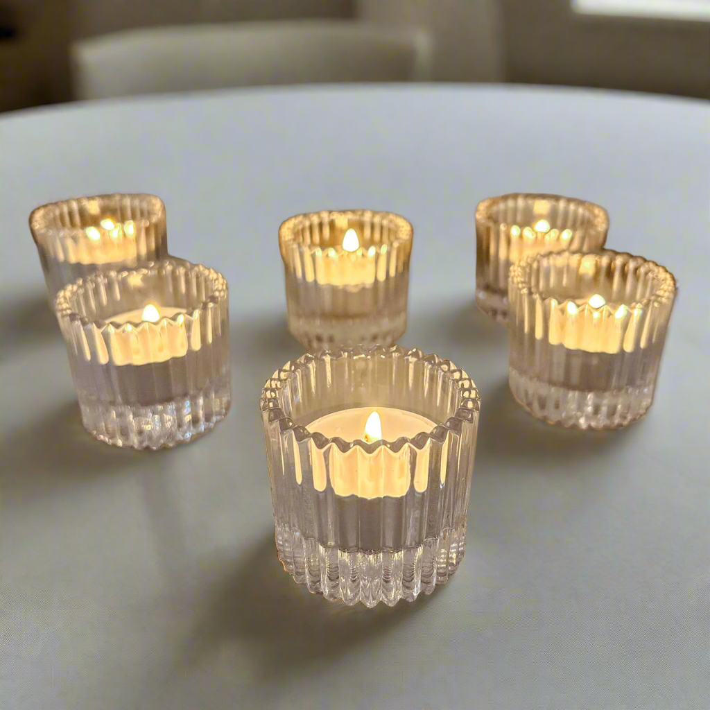 Mini Ribbed Tea Lights Chunky Clear Glass Ribbed Tea Light Holder - Pack of 6 – The Wedding of ...