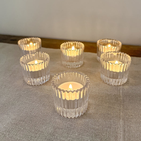 Chunky Clear Glass  Ribbed Tea Light Holder - Pack of 6