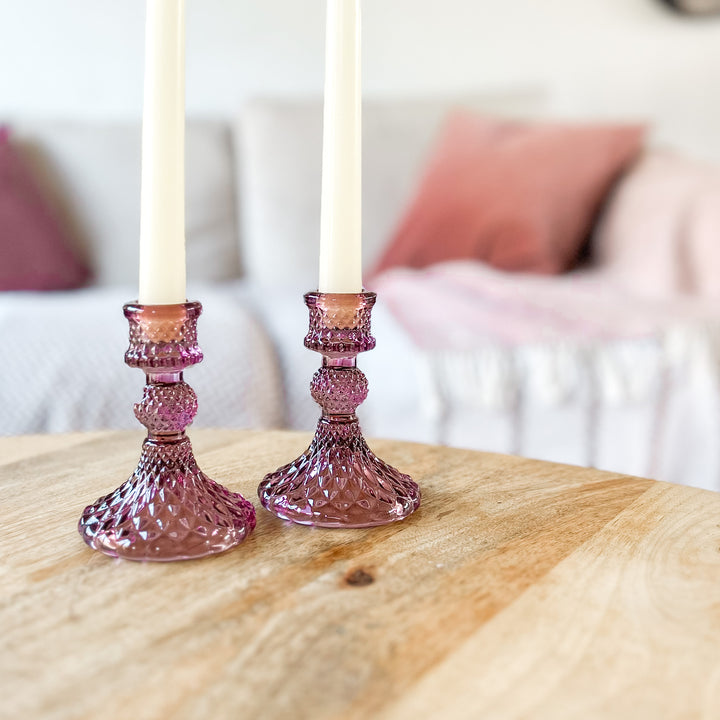Coloured Pressed Glass Candlesticks - Pink candle holder - The Wedding of My Dreams