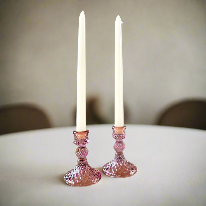 Coloured Pressed Glass Candlesticks - Pink candle holder - The Wedding of My Dreams