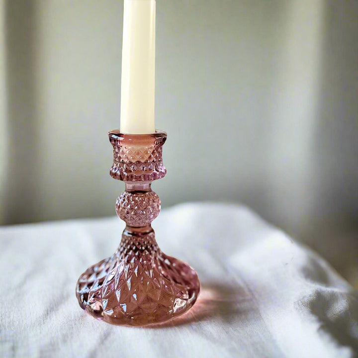 Coloured Pressed Glass Candlesticks - Pink candle holder - The Wedding of My Dreams