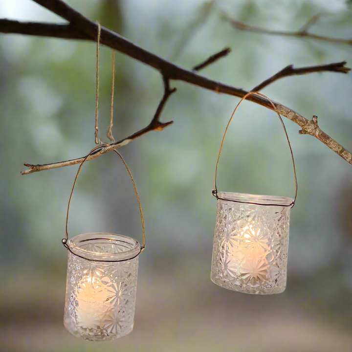 Textured Pressed Glass Tea Light Holders with Wire Hanger - Set of 2 candle holder - The Wedding of My Dreams