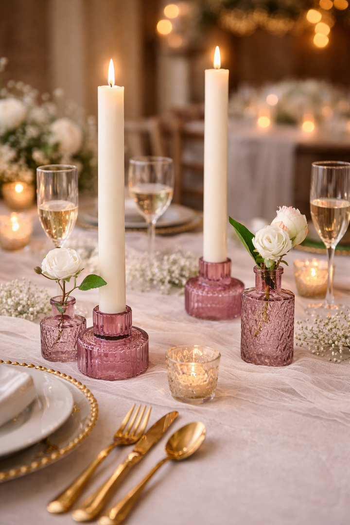 Pink Ribbed Glass Candlestick Holder / Tealight Holder – The Wedding of ...