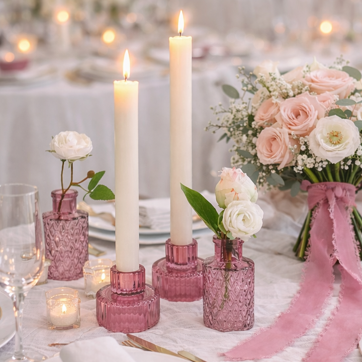 Pink Ribbed Glass Candlestick Holder / Tealight Holder – The Wedding of ...