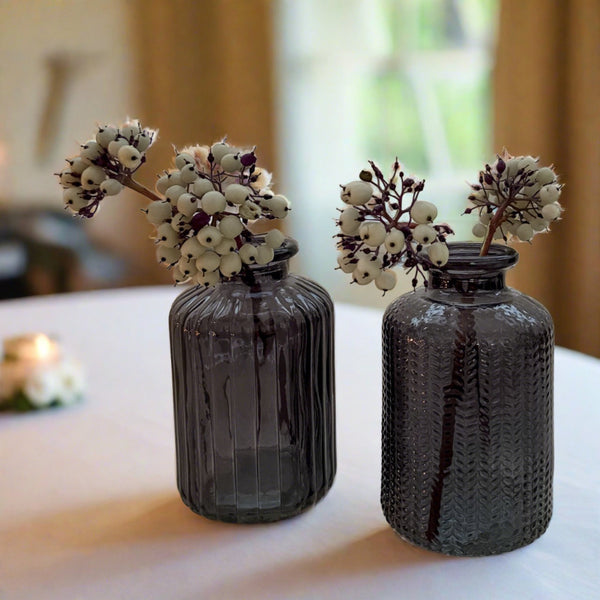 Set Of 2 Smoke Blue Pressed Glass Bottle Vases Florence