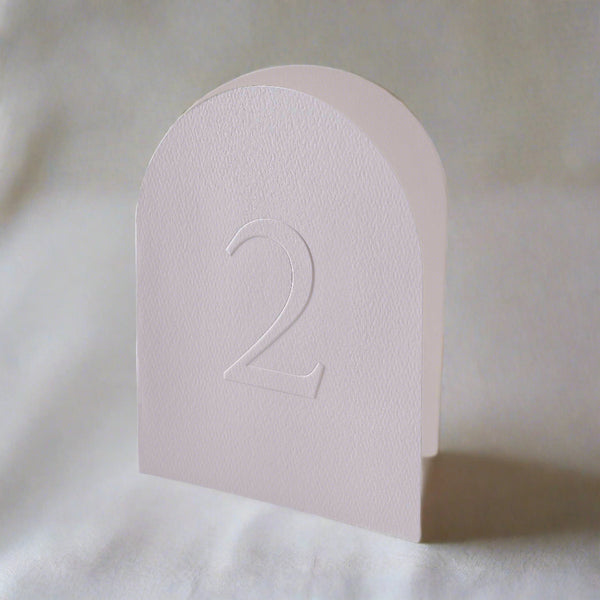 Arched White Embossed Wedding Table Number Cards (1 - 12) - Wedding Stationery