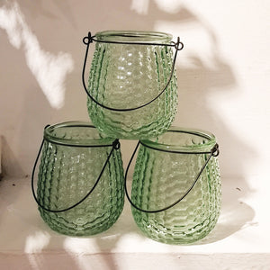 Dimpled Green Glass Hanging Vase / Lantern