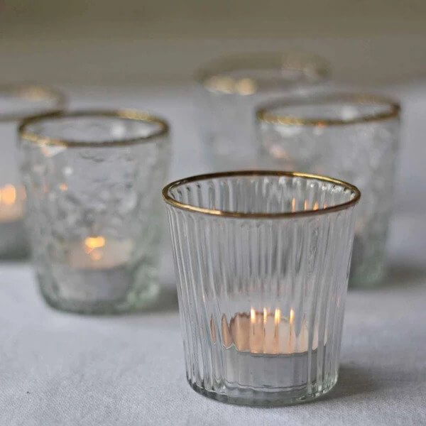 Ribbed Clear Glass Tea Light Holder  with Gold Rim - The Wedding of My Dreams
