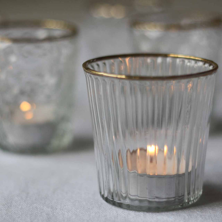 Ribbed Clear Glass Tea Light Holder  with Gold Rim - The Wedding of My Dreams