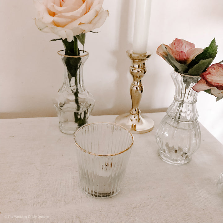 Ribbed Clear Glass Tea Light Holder  with Gold Rim - The Wedding of My Dreams