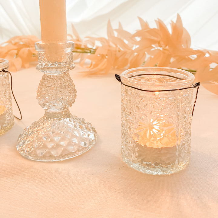 Textured Pressed Glass Tea Light Holders with Wire Hanger - Set of 2 candle holder - The Wedding of My Dreams