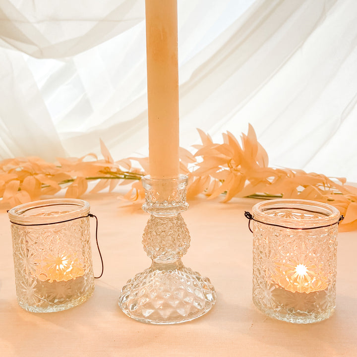 Textured Pressed Glass Tea Light Holders with Wire Hanger - Set of 2 candle holder - The Wedding of My Dreams