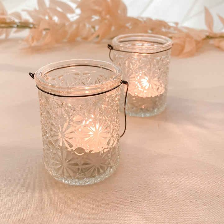 Textured Pressed Glass Tea Light Holders with Wire Hanger - Set of 2 candle holder - The Wedding of My Dreams