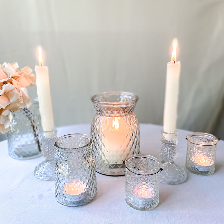Textured Pressed Glass Hurricane Wedding Vase (3 Sizes) centrepieces and vases - The Wedding of My Dreams