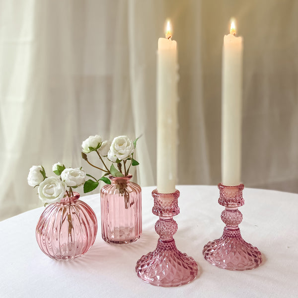 Coloured Pressed Glass Candlesticks - Pink