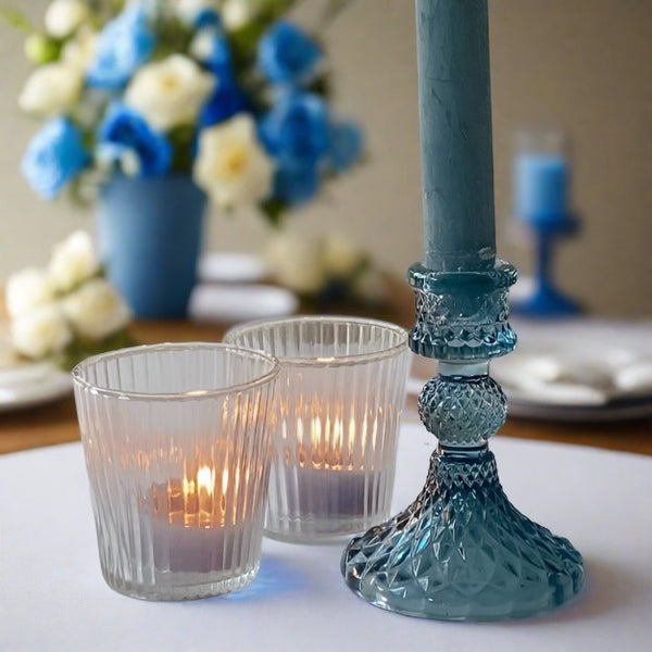 Coloured Pressed Glass Candlesticks - Blue