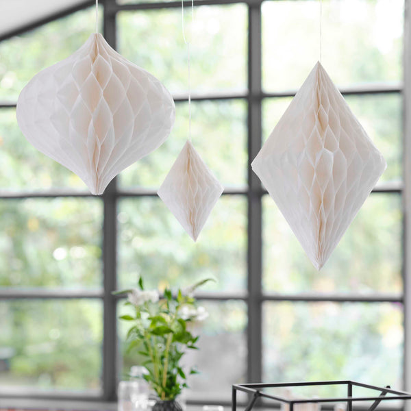 Honeycomb Paper Lanterns Wedding Hanging Decorations - White Pack of 3