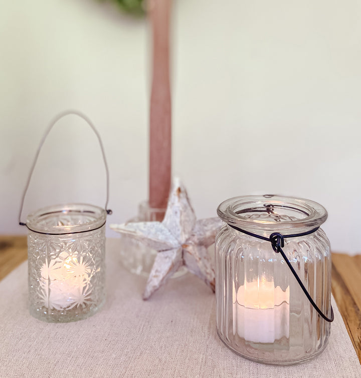 Textured Pressed Glass Tea Light Holders with Wire Hanger - Set of 2 candle holder - The Wedding of My Dreams