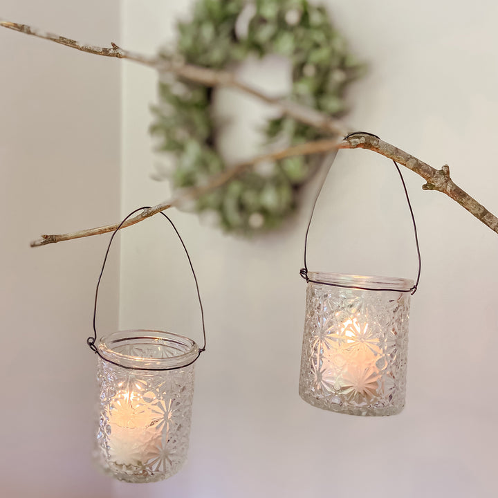 Textured Pressed Glass Tea Light Holders with Wire Hanger - Set of 2 candle holder - The Wedding of My Dreams