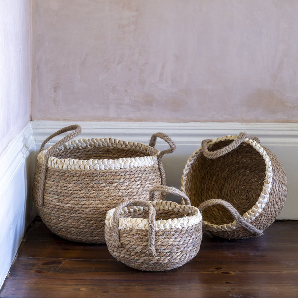 Round Storage Basket with Cream Braid and Handles (3 sizes)