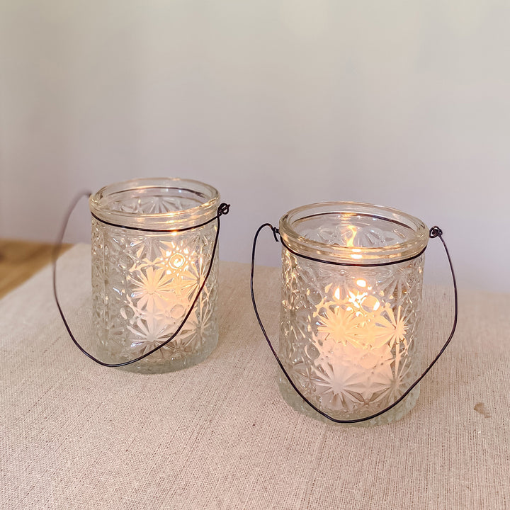 Textured Pressed Glass Tea Light Holders with Wire Hanger - Set of 2 candle holder - The Wedding of My Dreams