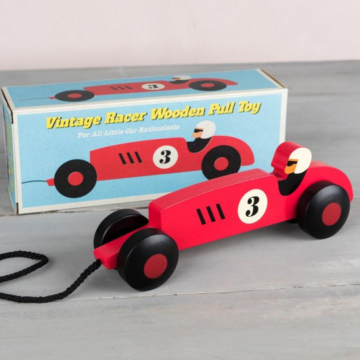Children's Wooden Toy Pull Along Vintage Racing Car - Burrow and Nest Interiors - Neutral Rustic Farmhouse Scandi Home Decor